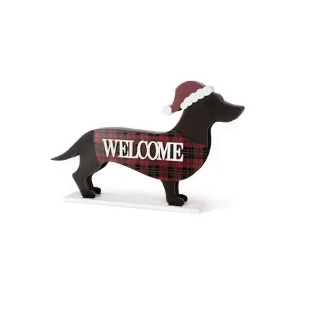 Glitzhome Dachshund Christmas Stand Sign-Metal Plaid 24" X 15" Indoor Outdoor